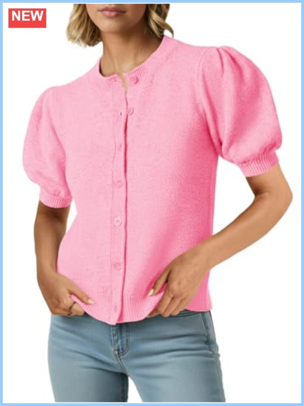 Puff Short Sleeve Cardigan Lightweight Knit Button Down Sweater